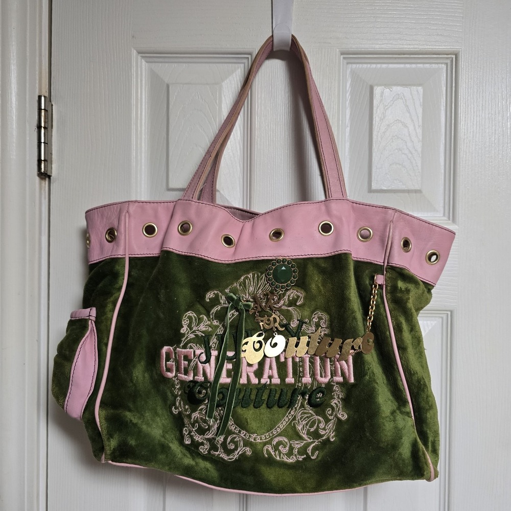 RARE Vintage Y2K Juicy Couture Generation Couture Green Velour Pink Leather Tote